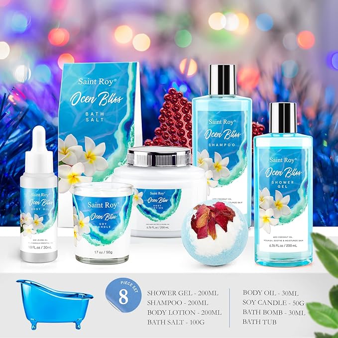 Mother's Day Gifts Spa kit Gifts for Her or Him Birthday Gifts for Women, Luxury Home Spa Kit, 8pcs Bath Gift Set Ocean & Vanilla, Gift Baskets for Women Unique with Bath Bombs, Scented Body Lotion