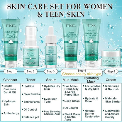 Teen Women Gifts,Skin Care,Skincare,Hydrate,Oil Control,Pore Shrinking,Anti-Allergy Facial Skin Care Routine Kit Travel Size Gift Set Stocking Stuffers for Teen Girls 10-12 16-18 & Women for All Skin