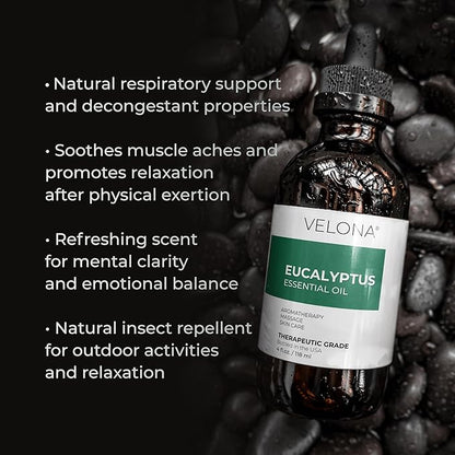 Eucalyptus Essential Oil by Velona - 4 oz | Therapeutic Grade 100% Pure and Natural | for Aromatherapy Diffuser, Massage, Skincare, Haircare, Soapmaking | Undiluted and Multipurpose in Glass Bottle