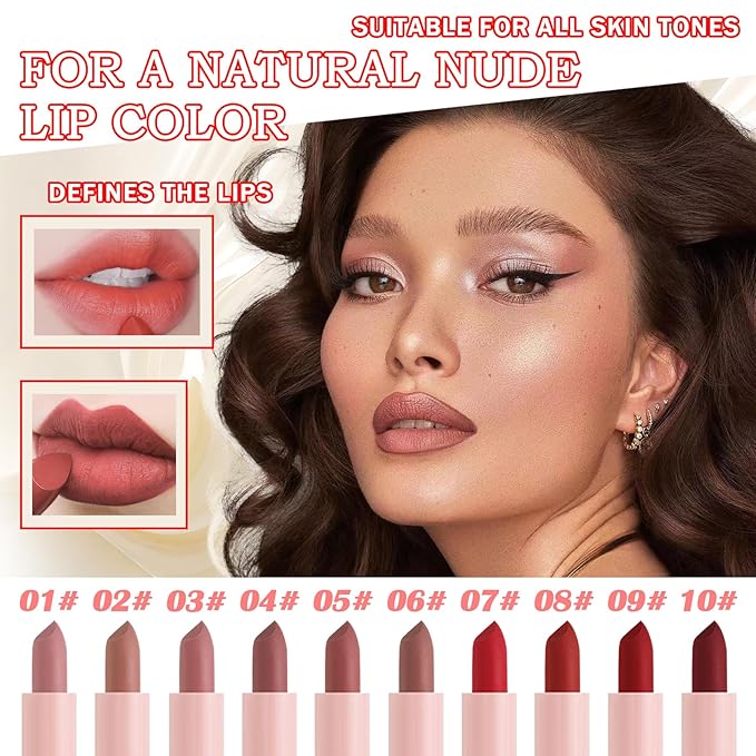 10PCS Mini Matte Lipstick Set,Smooth High Pigmented Lipstick Set,Waterproof Long Lasting Non-Fading Lip Gloss Stick Makeup Set,Matte Nude Lipstick Gift Set for Women
