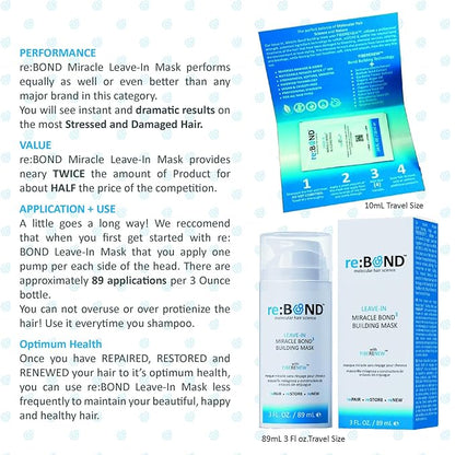reBOND Leave-in Miracle Bond Building Hair Mask- 4 minute Repair Treatment Deep Conditioning for Bleached, Damaged, Dry, Colored or Frizzy Hair - Set includes: 3oz + .34oz