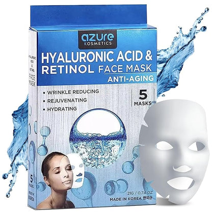 Azure Cosmetics Hyaluronic Acid & Retinol Anti Aging Facial Mask - Dermatologist Tested - Rejuvenating & Hydrating Face - Reduce Fine Lines & Wrinkles, Smooths & Repairs - Korean SkinCare (Pack of 5)