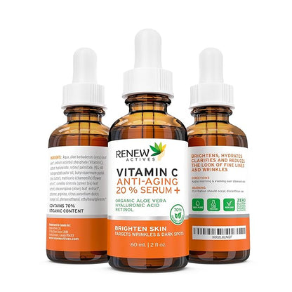 RENEW ACTIVES Vitamin C Serum - Brightening & Anti-Aging Formula - Reduces Dark Spots, Fine Lines & Wrinkles - Promotes Even Skin Tone - Hydrating & Antioxidant Protection - Made in Canada - 2 fl oz