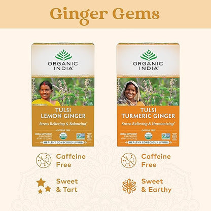 Organic India Tulsi Lemon Ginger Tea Bags - Herbal Tea, Stress Relieving & Reviving, Immune Support, Aids Digestion, Vegan, USDA Certified Organic, Non-GMO, Caffeine-Free - 18 Infusion Bags, 6 Pack