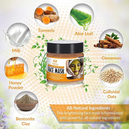 Natrulo Turmeric Face Mask - Skin Brightening Mask with Turmeric and Bentonite Clay - All-Natural Face Mask for Acne Treatment - Boosts Circulation and Removes Toxins - Detox Clay Face Mask