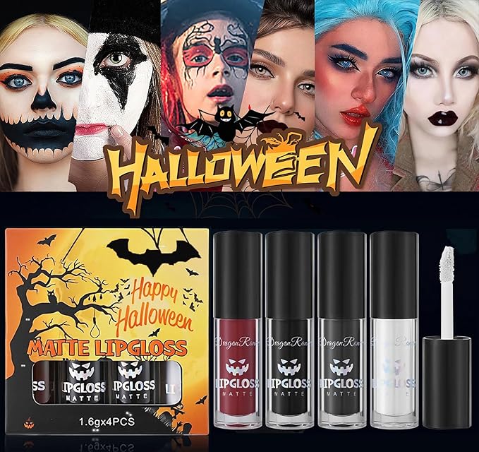 4Pcs Dark Black White Red Liquid Lipstick Lip Stain Lip Gloss Makeup Set，Professional Halloween Special Effects Makeup Waterproof Long Lasting Face Paint Lipgloss for Cosplay Goth Makeup Kit