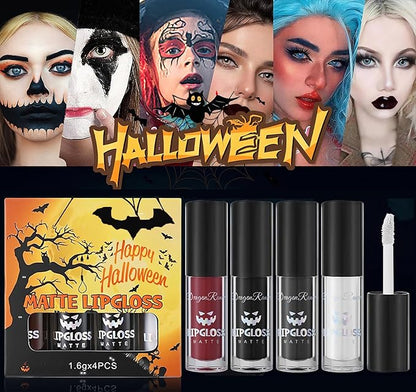 4Pcs Dark Black White Red Liquid Lipstick Lip Stain Lip Gloss Makeup Set，Professional Halloween Special Effects Makeup Waterproof Long Lasting Face Paint Lipgloss for Cosplay Goth Makeup Kit