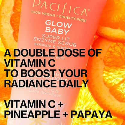 Pacifica Face Scrub - Glow Baby Super Lit Enzyme Scrub Mini, Skincare, Exfoliating Face Wash, Vitamin C, Glycolic Acid, Pore Cleaner, For Soft and Smooth Skin, Vegan, Travel Size, 1.4 fl oz (1 Count)