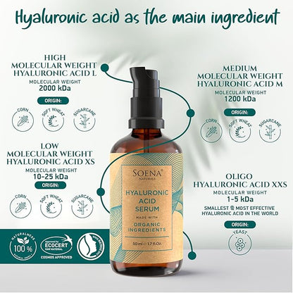 Organic Hyaluronic Acid Serum for Face | Best Hyaluronic Acid (Oligo) + 4 Hyaluronic Sizes - Highly Dosed | Hydrating Serum - Aging-Aging Moisturizer – Fragrance-Free | Made in Germany