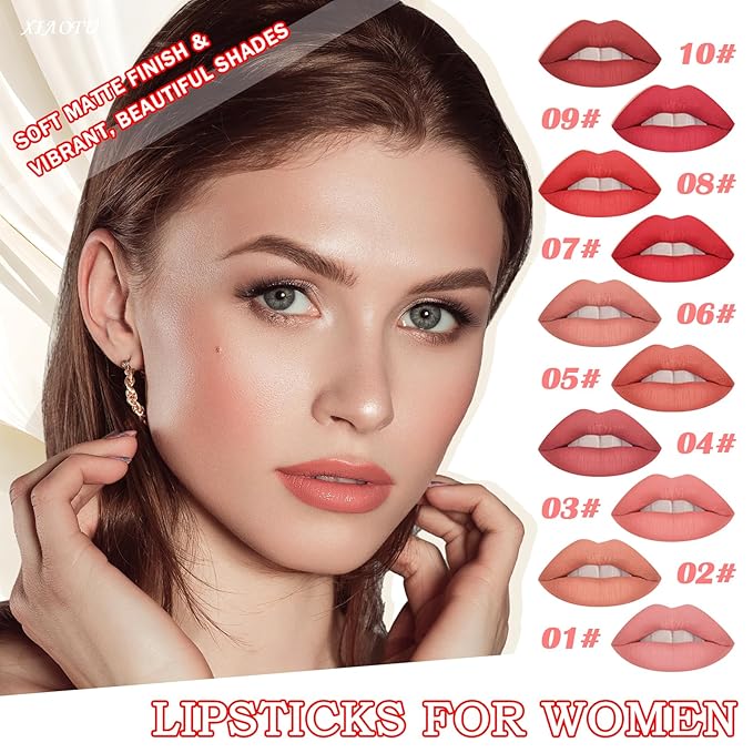 10PCS Mini Matte Lipstick Set,Smooth High Pigmented Lipstick Set,Waterproof Long Lasting Non-Fading Lip Gloss Stick Makeup Set,Matte Nude Lipstick Gift Set for Women