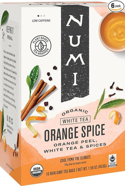 Numi Organic Tea Orange Spice, 16 Count Box of Tea Bags (Pack of 6), White Tea
