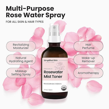 Rose Water Spray for Face & Hair (Refill Size) - Organic USDA Certified Rosewater Facial Toner - Alcohol-Free Makeup Setting Hydrating Face Mist - Anti-Aging Toner Spray - 8 Fl Oz