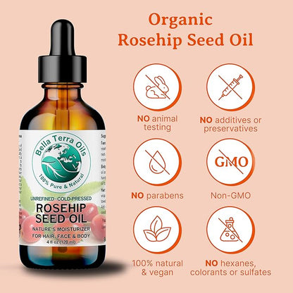 Bella Terra Oils - Organic Rosehip Facial Oil 8 oz - Dive into Organic Rosehip's Essential Fatty Acids & Antioxidants, Infused with Vitamin F, Elevate Daily Face Rituals
