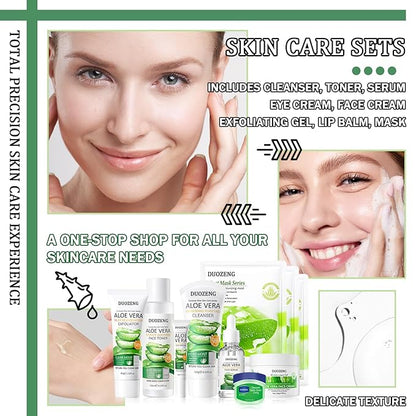 10Pcs Skin Care Kit,Skincare Gift Set with Facial Cleanser,Toner,Serum,Eye Cream, Face Cream,Exfoliating Gel,Sleeping Lip Mask & 3 Pcs Aloe Vera Mask Kit for Women