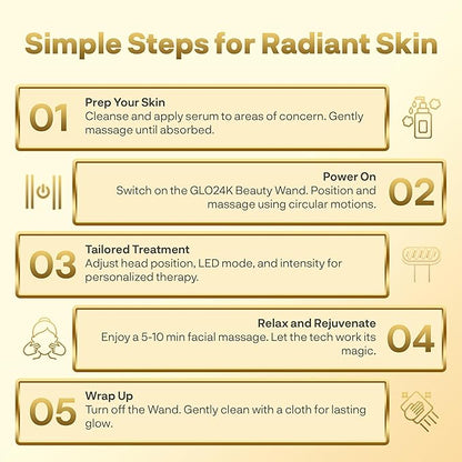 GLO24K 6-IN-1 Beauty Therapy Wand for the Face, Eyes, and Neck. Based on Dual LED Light Therapy, Thermal, Vibration, and Micro-Current Technologies.Skin Rejuvenation