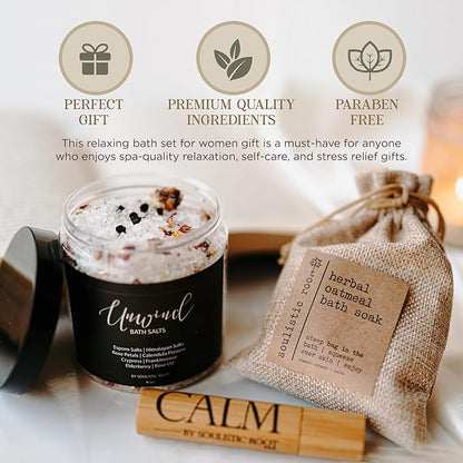 Relaxing Bath Gift Set, Luxury Spa Gifts for Women, Self Care Products for Women and Men, Calm Essential Oil Roller, Oatmeal Lavender Bath Soak & Epsom Salts with Essential Oils