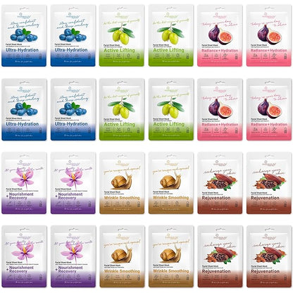 24 Pack of Sheet Face Masks Skincare - Collagen Face Mask Sheets with Hyaluronic Acid, Vitamin C, Snail Mucin - Facial Sheet Mask for Hydrating, Rejuvenating, Moisturizing