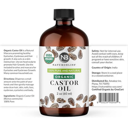 NaturoBliss Castor Oil Organic (2oz), 100% Pure, Cold Pressed, Hexane Free. Volumizing Serum for Hair, Eyelashes, Eyebrows. Hair Treatment Starter Kit & Skin Moisturizer
