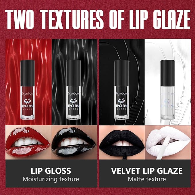 4Pcs Dark Black White Red Liquid Lipstick Lip Stain Lip Gloss Makeup Set，Professional Halloween Special Effects Makeup Waterproof Long Lasting Face Paint Lipgloss for Cosplay Goth Makeup Kit