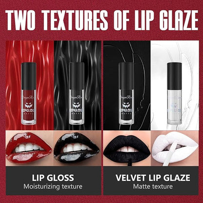 4Pcs Dark Black White Red Liquid Lipstick Lip Stain Lip Gloss Makeup Set，Professional Halloween Special Effects Makeup Waterproof Long Lasting Face Paint Lipgloss for Cosplay Goth Makeup Kit