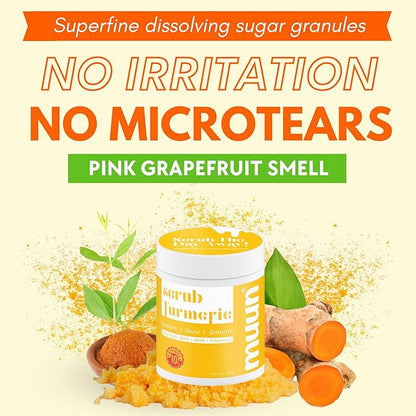 Muun Turmeric Scrub with Kojic Acid AHA/BHA Face &Body - Exfoliator Dark spot Remover- Ingrown Hair Treatment Bikini Area Inner Thighs Armpit Underarm Exfoliating