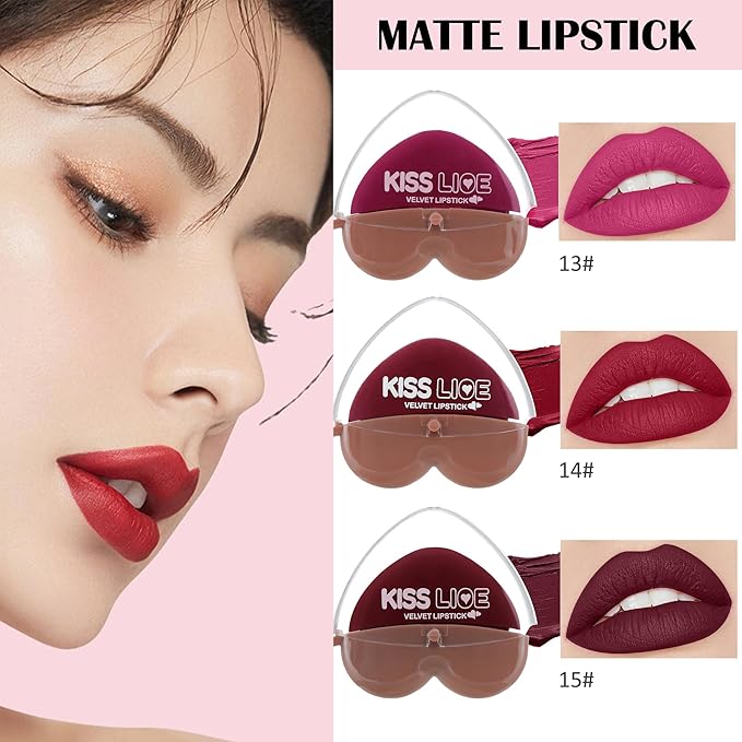 Pink Purple Dark Burgundy Brown Matte Velvet Lipstick for Women-3 Colors Long-Wear Non Stick Cup Heart Shape Lazy Lipstick Set, Waterproof High Pigmented 24H Lip Stick Makeup for Lazy People -Set 5
