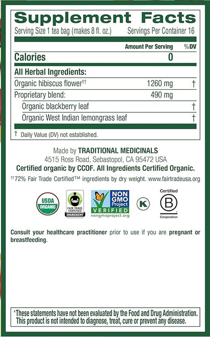 Traditional Medicinals - Organic Hibiscus Herbal Tea (6 Pack) - Supports Heart Health - 96 Tea Bags Total
