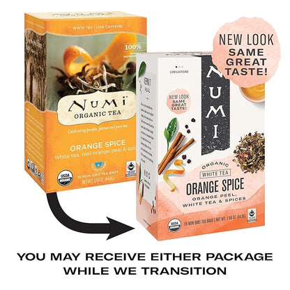 Numi Organic Tea Orange Spice, 16 Count Box of Tea Bags (Pack of 6), White Tea