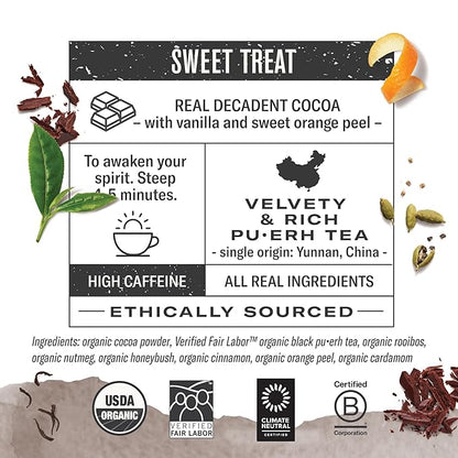 Numi Organic Chocolate Pu-erh Tea, 16 Tea Bags, Aged Yunnan Pu-erh Black Tea with Cocoa & Orange Peel (Packaging May Vary)