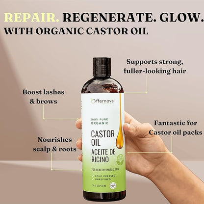 Castor Oil 16 OZ- Aceite de Ricino - Cold Pressed 100% Pure, Certified Organic, Hexane Free for Eyelashes, Eyebrows, Frizzy, Hair Growth Women and Men, Beard Growth