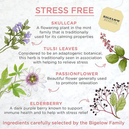 Bigelow Benefits Stress Free Rose & Mint Herbal Tea, Caffeine Free, 18 Count (Pack of 6), 108 Total Tea Bags