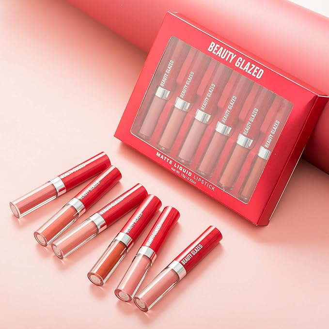 6 Pcs Matte Liquid Lipstick Makeup Set, Non-Stick Cup Long-Lasting Wear Not Fade Waterproof Nude Red Velvet Lip Gloss Beauty Cosmetics Set
