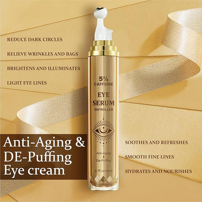 Eye Serum With 5% Caffeine & 5% Retinol For Dark Circles, Puffiness Puffy Bags & Wrinkles Fine Lines,Under Eye Cream Anti Aging Treatment 360° Massage Roller Ball (0.68 Ounce (Pack of 1), Unscented)