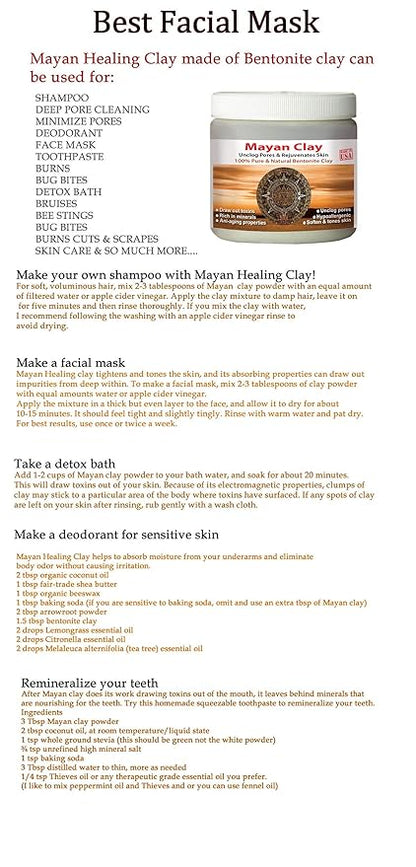 Mayan Pure Indian Healing Clay Powder, Deep Pore Skin Cleansing, Body and Hair Mask, Natural Calcium Bentonite Clay
