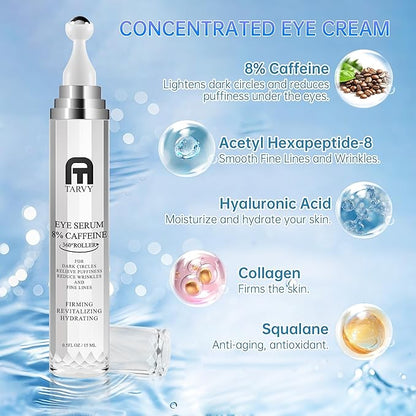 Eye Serum, Under Eye Cream For Dark Circles, 8% Caffeine Eye Serum For Women & Men, Eye Cream Anti Aging With 360° Massage Ball, Eye Cream For Puffiness And Bags Under Eyes, Eye Serum For Fine Lines