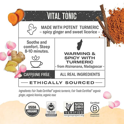 Numi Organic Three Roots Turmeric Tea Bags, 15 Tea Bags, Turmeric Tea with Ginger, Licorice, Rose, Caffeine Free