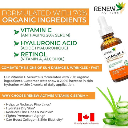 RENEW ACTIVES Vitamin C Serum - Brightening & Anti-Aging Formula - Reduces Dark Spots, Fine Lines & Wrinkles - Promotes Even Skin Tone - Hydrating & Antioxidant Protection - Made in Canada - 2 fl oz