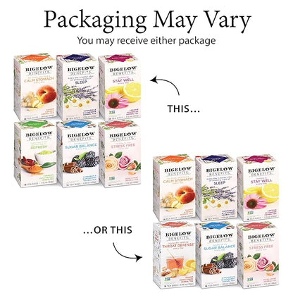 Bigelow Tea Benefits Wellness Teabag Variety Pack, Mixed Caffeinated Green Matcha & Caffeine-Free Herbal Tea, 18 Count Box (Pack of 6) 108 Tea Bags Total