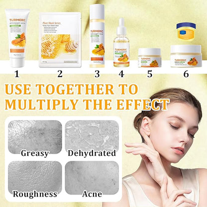 9 Pcs Turmeric Skin Care Set with Facial Cleanser,Toner,Face Serum,Face Cream,Eye Cream,Moisturizing Lip Balm,Hydrating Face Sheet Masks Skin Care Kit for Women and Men
