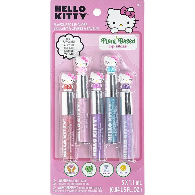 Townley Girl Hello Kitty 5 Pc Plant Based, Moisturizing Lip Gloss Makeup Set for Girls Kids Toddlers, Perfect for Parties Sleepovers Makeovers Birthday Gift for Girls 3 Yrs+