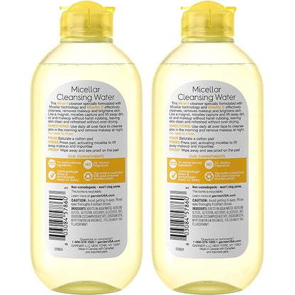 Garnier Micellar Water with Vitamin C, Facial Cleanser & Makeup Remover, Brightening & Hydrating, For All Skin Types, Vegan, Cruelty Free, 13.5 Fl Oz (400mL), 2 Count