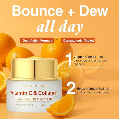 Vitamin C Moisturizer with Collagen - Korean Anti-Aging Cream - Brightning & Hydrating For Fine Lines & Wrinkles - Dermatologist Tested, Cruelty-Free Skin Care - All Skin Types - 1.69 oz