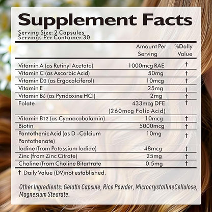 Biotin for Hair Growth Women Men - Third-Party Tested Biotin Supplement 5000 mcg, with Vitamin C E B12 B6 A Support Strong Nails Skincare Hair Health - USA Made - 120 Capsules / 2 Packs