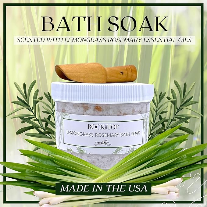 | 6 Lemongrass Rosemary Self Care Gifts for Women, Aromatherapy Epsom Salt Bath Soak, Lavender Soap, Bath Bombs, Bath Salts with Plant Based Loofa Dry Brushing Body Brush Gift