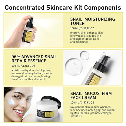 Advanced Snail 96% Mucin Power Essence Set – Korean Skincare Set for Women, Includes Snail Mucin Serum，Hydrating Toner & Face Cream, Moisturizing & Skin Renewal, 3PCS Travel Size Toiletries