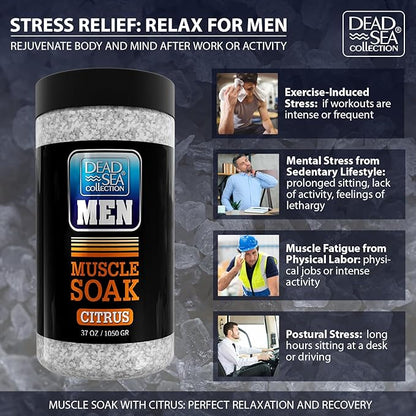 Dead Sea Collection Bath Salts for Men with Citrus Oil - Muscle Recovery Bath Soak – Mens Pure Dead Sea Salt for Soothing and Relaxing – 37 Oz