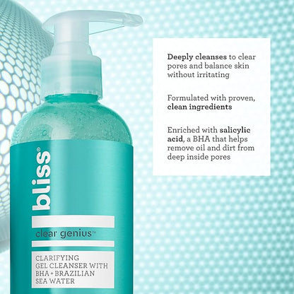 Bliss Daily Acne Routine Kit, 2pc Set- Clear Genius Toner + Serum, and Cleanser - Cleanse and Tone for Acne- Clean, Vegan, Cruelty-Free Skincare