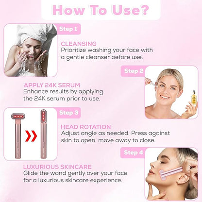 7 Color Multiple Use Beauty Device Magical Facial Wand With 24K Serum, Anti Aging Kit With 24K serum, Facial Wand For Active Skin Tool, Pro Active Formula For Eyes Face And Neck., pink