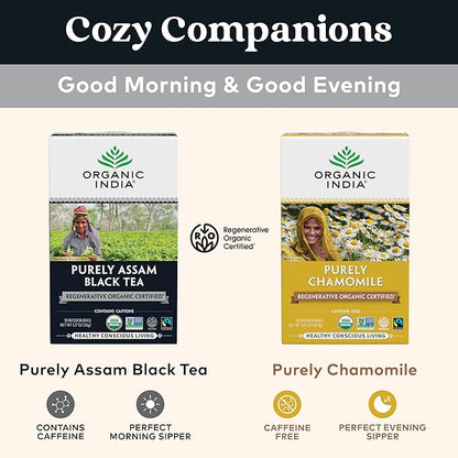 Organic India Purely Assam Black Tea - Caffeinated Herbal Tea Bags with Natural Assam Leaves, Enjoy with Milk & Sweetener, USDA Organic, Non-GMO, Fairtrade Certified - 18 Bags (Pack of 6)
