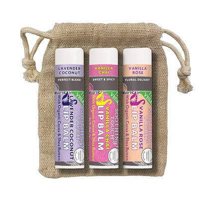 Vegan Lip Balm Set - Variety Pack of 3 Soothing Touch Lip Balms. Includes Bonus Muslin Pouch (3 x 4 in). Unique Gift Bundle from Tiny Seed (Lavender Coconut, Vanilla Chai, Vanilla Rose)
